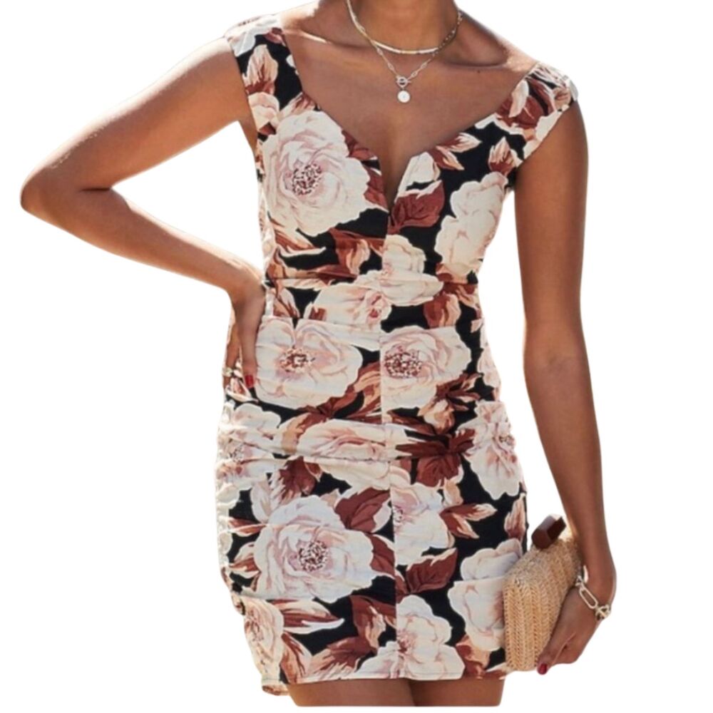 Express Black Floral Linen Blend Mini Dress M Ruched Bodycon V Neck Roses